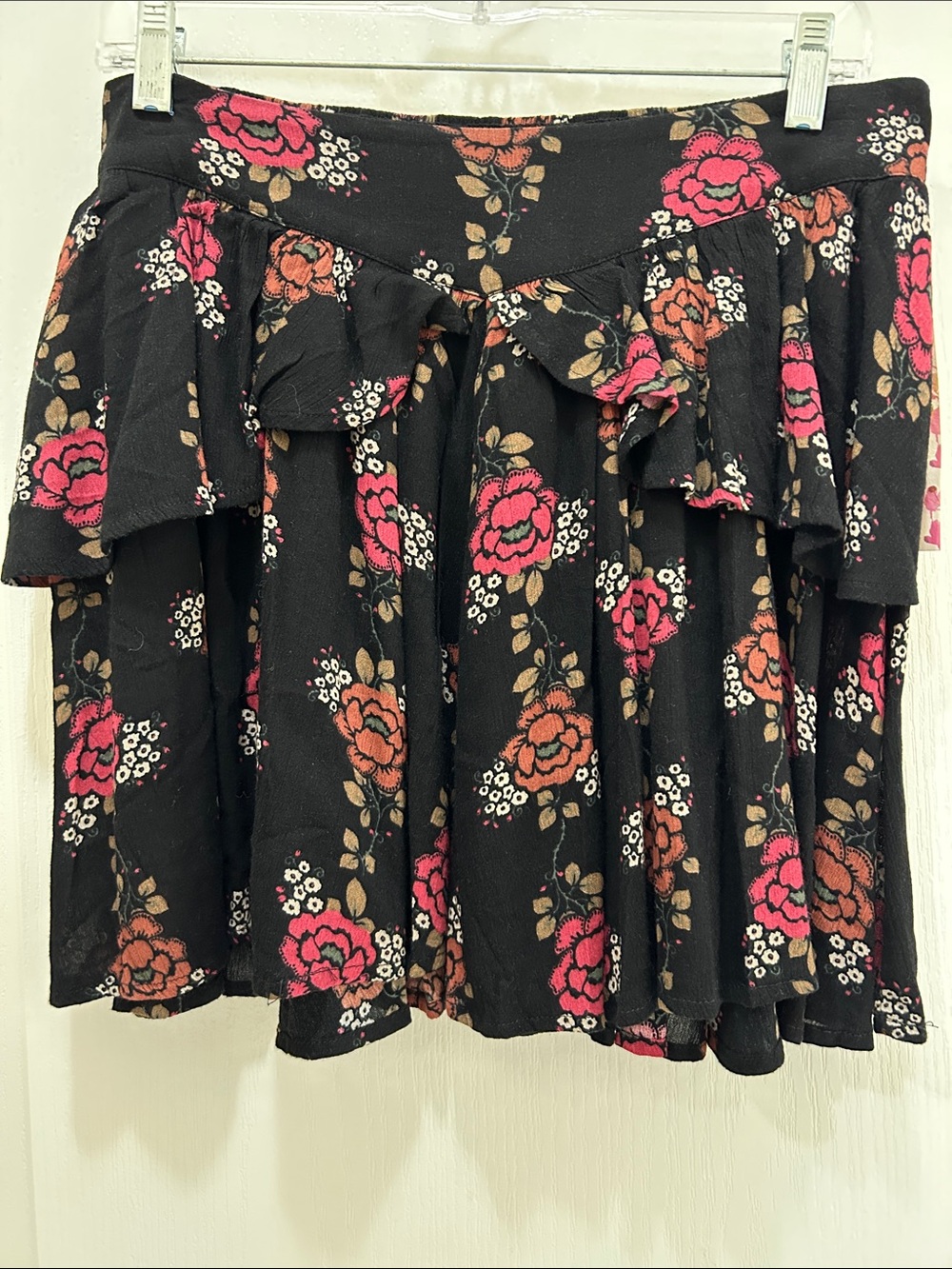 Wild Pearl Black Floral Elastic Waist Skirt with Pink & Rust Accents